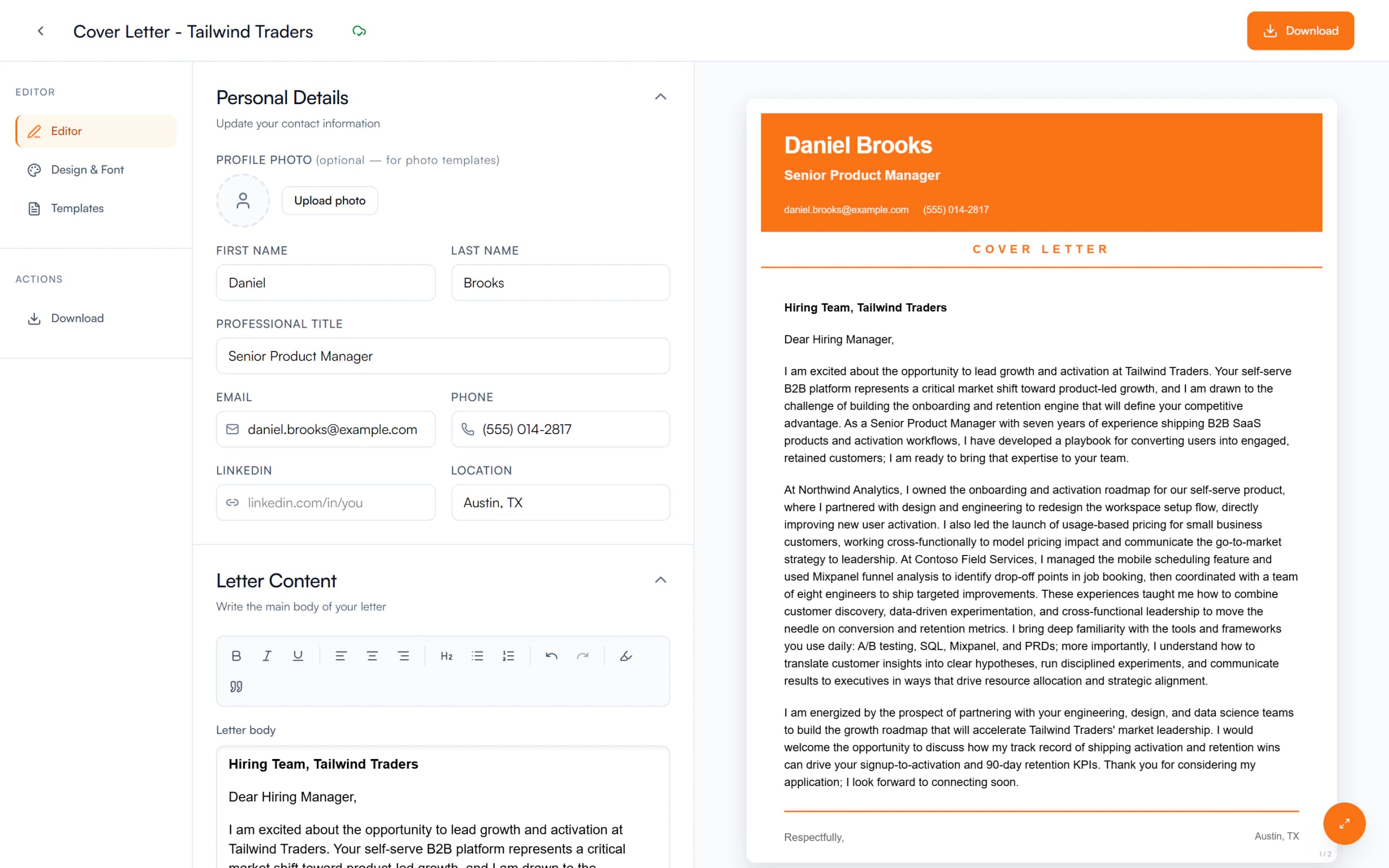 The cover letter editor: Daniel Brooks's letter for a Senior Product Manager, Growth role at Tailwind Traders, with his details on the left and the letter, in an orange template, on the right.