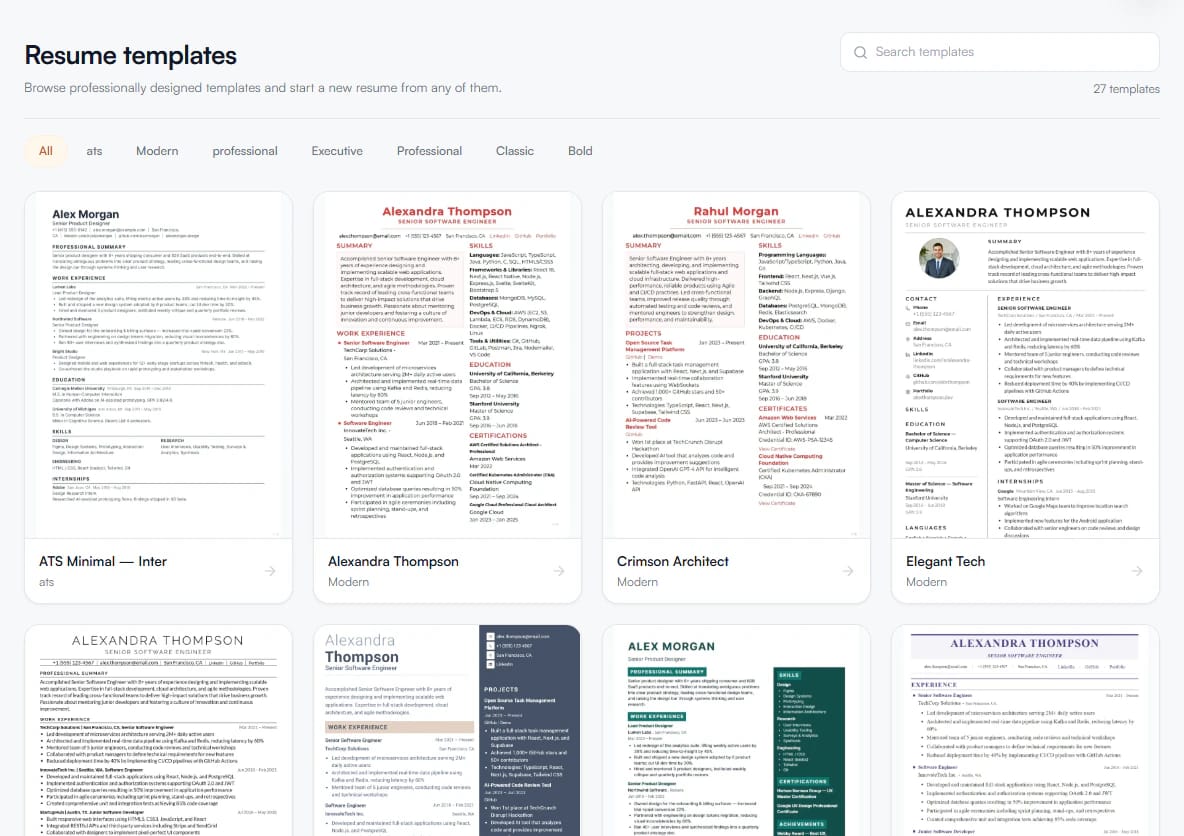 The resume template gallery, filterable by style, with each template shown as a full-page preview.