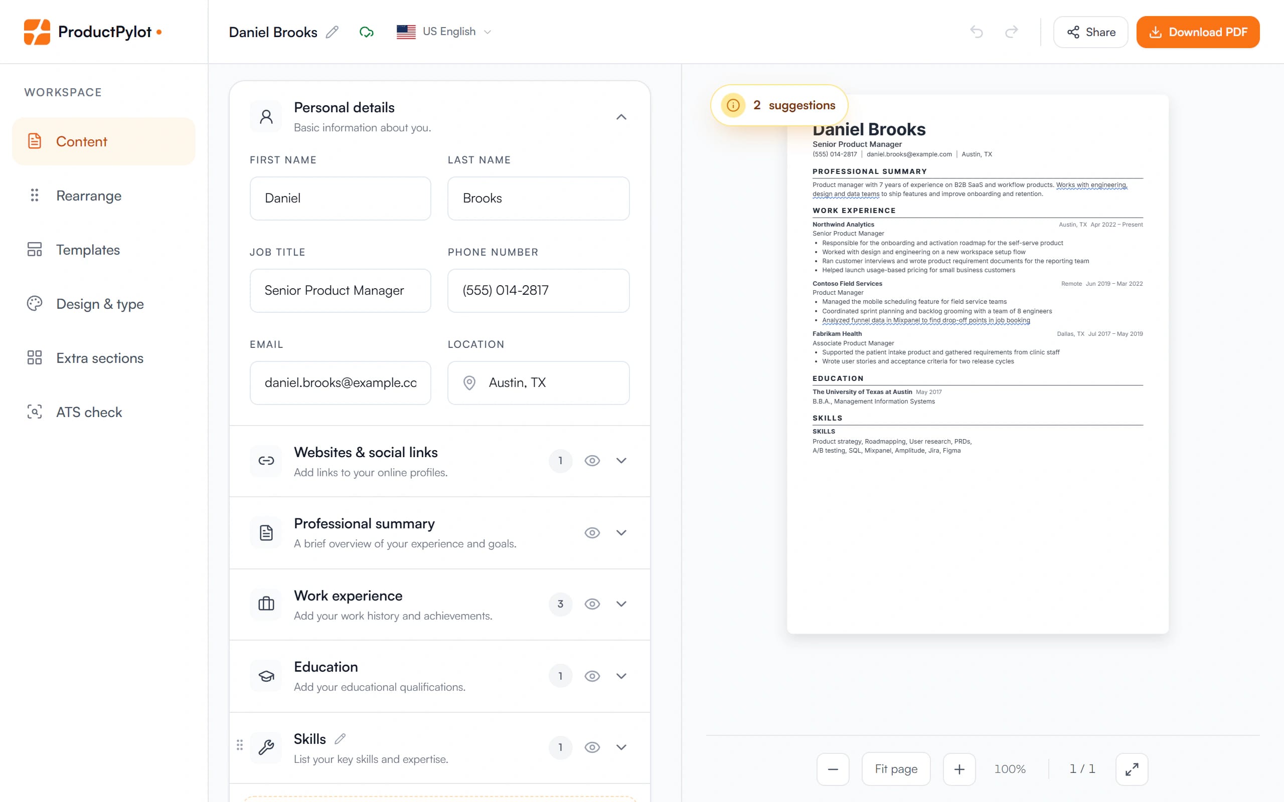 The ProductPylot resume editor: Daniel Brooks's personal details on the left, the live resume preview on the right.