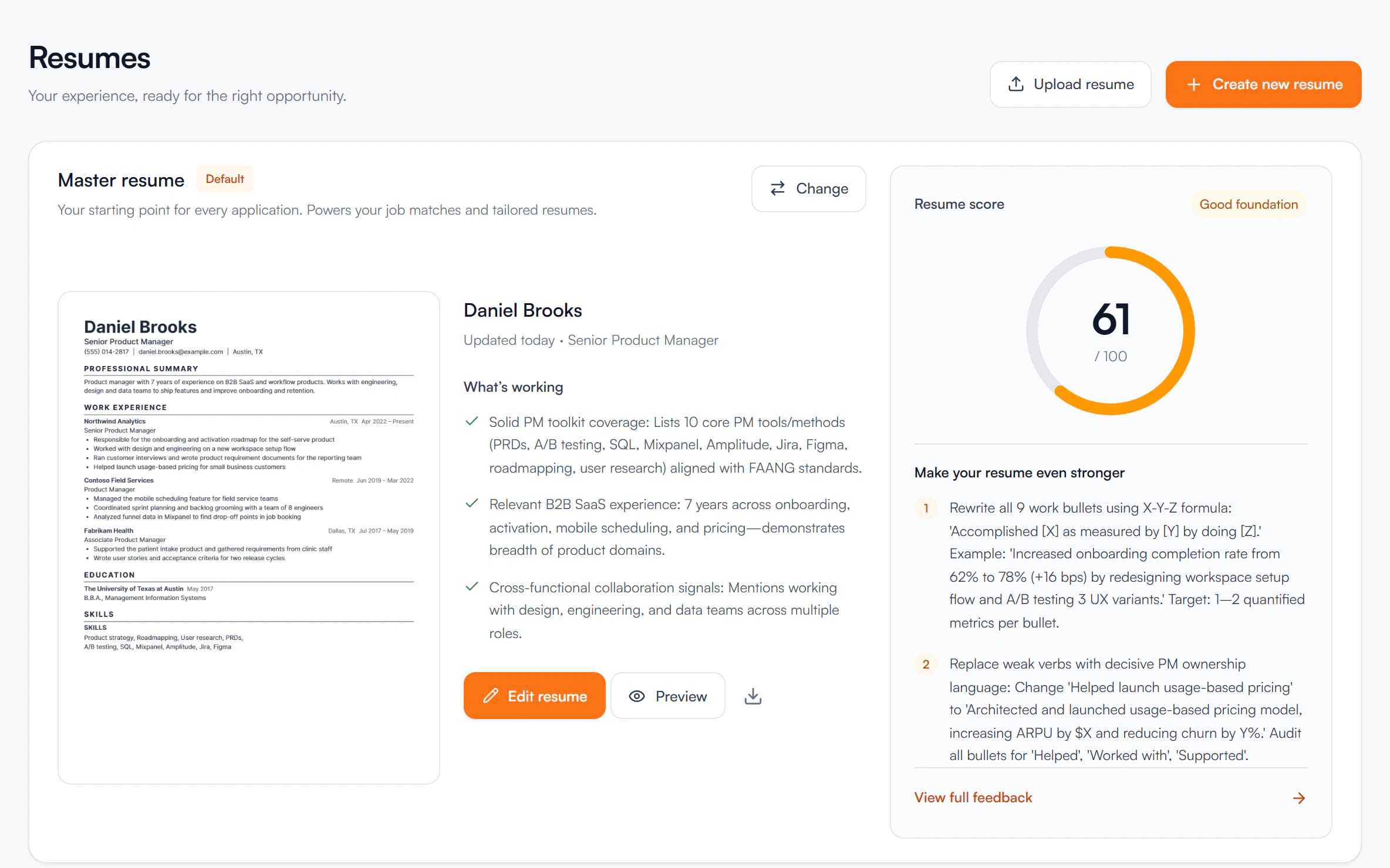 The resumes page: Daniel Brooks's master resume with what's working, a resume score of 61 out of 100 rated Good foundation, and suggestions to make it stronger.