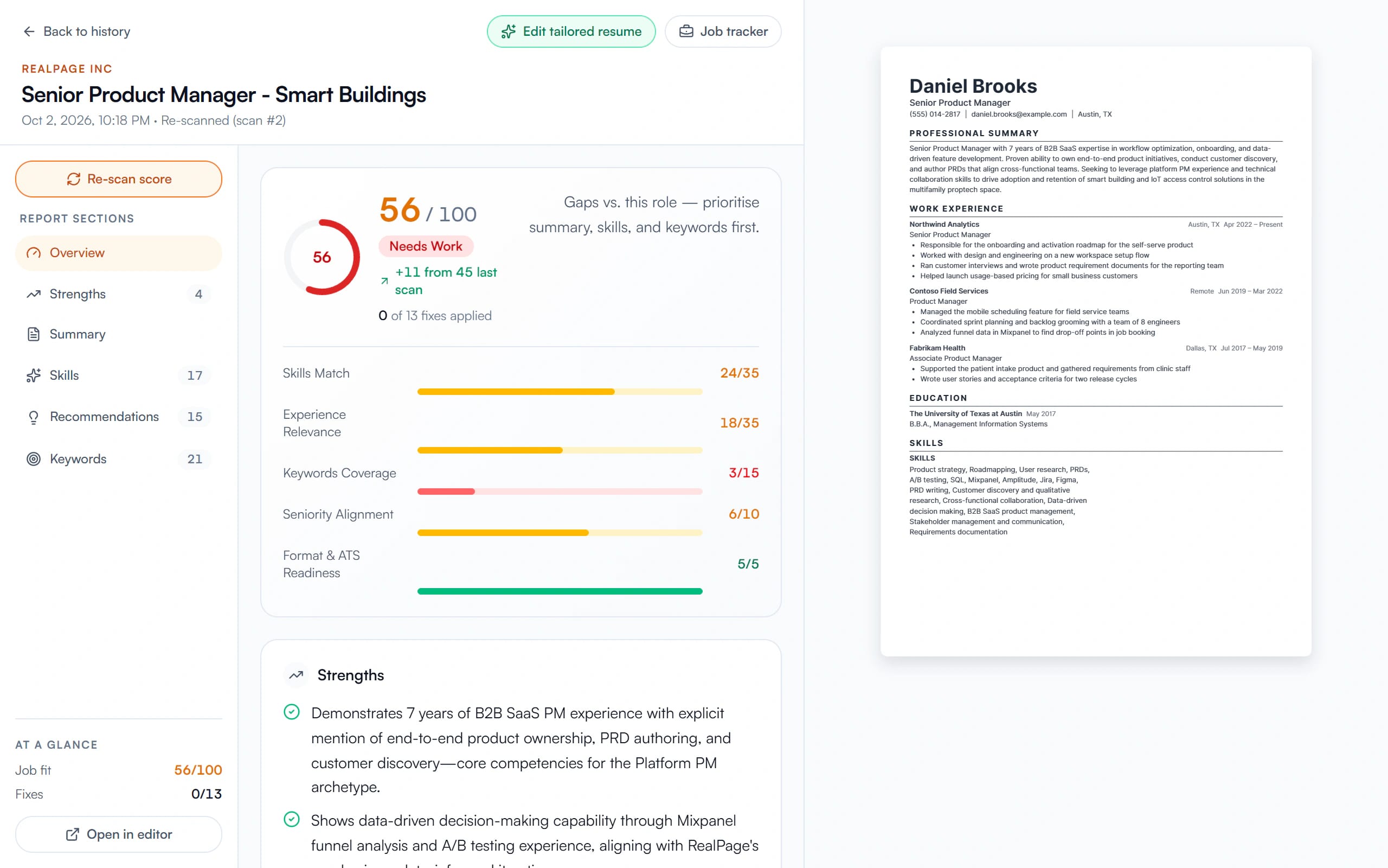A tailoring report for RealPage's Senior Product Manager, Smart Buildings role, re-scanned after applying the tailored summary and skills: job fit 56 out of 100, up 11 from 45, with the score broken down and the tailored resume beside it.
