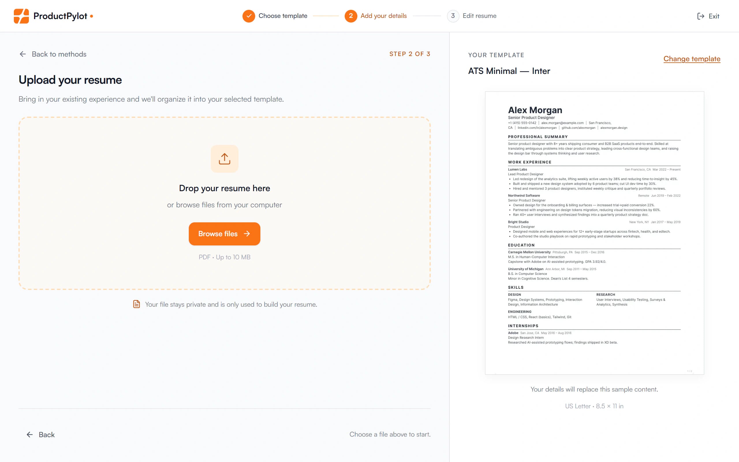 Step 2 of the resume wizard: a drop zone for an existing PDF resume next to a preview of the chosen ATS Minimal template.